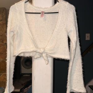 Justice Fuzzy White Tie Front Cardigan Girls XL 16/18 Cropped Coquette Sweater